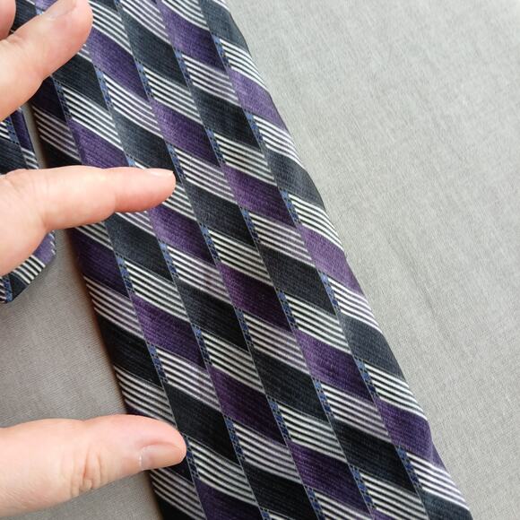 Stafford Silk Neck Tie purple black stripes geometric checkered 56" L x 4" W - Picture 4 of 8